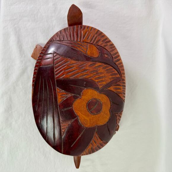 Wooden Turtle Tortoise Hand Carved Trinket Box Bowl Removeable Lid Floral - Picture 3 of 8